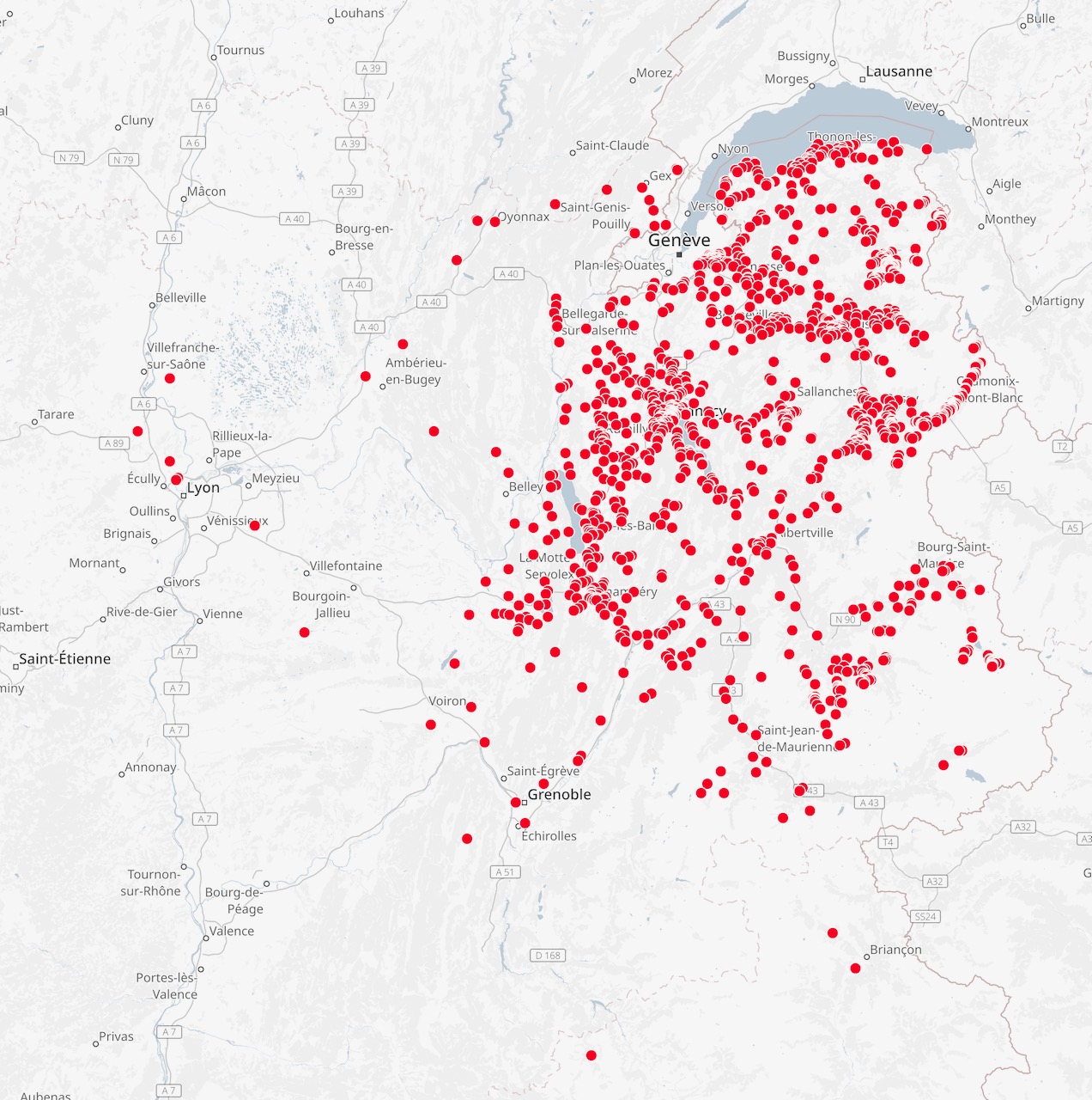 Localisation des expertises réalisées par Carteron Expertises entre 2015 et 2020